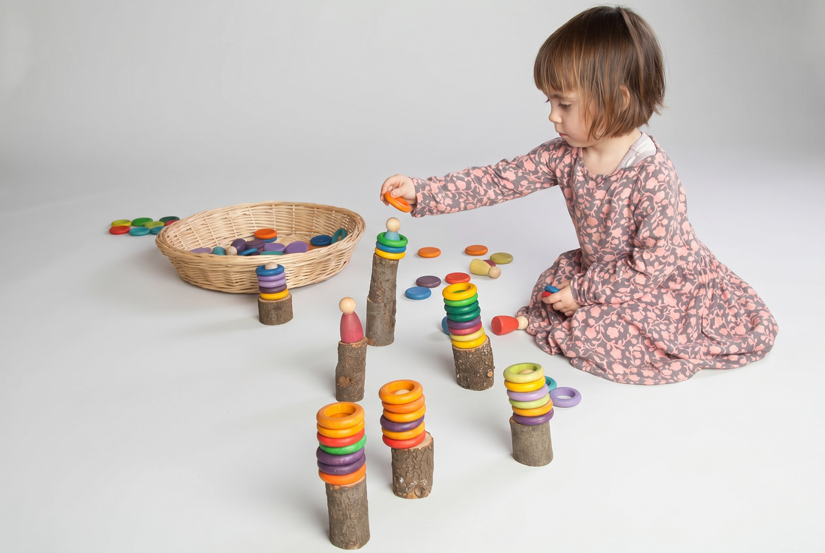 Wooden Sorting Rings and Coins Set - 12 Colors